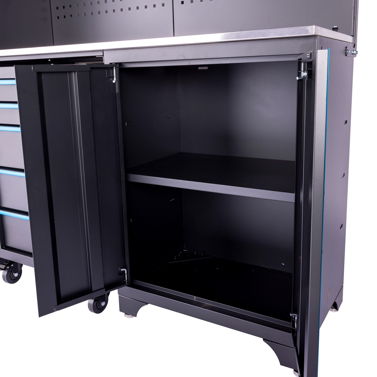 SGS 6pc Garage Storage System | Stainless Work Bench | Wheeled Cabinet | Wall Shelving | Tall Double Side Cabinet | Blue